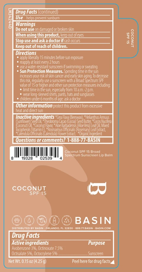Basin Coconut SPF 15 Broad Spectrum Sunscreen Lip Balm 포장
