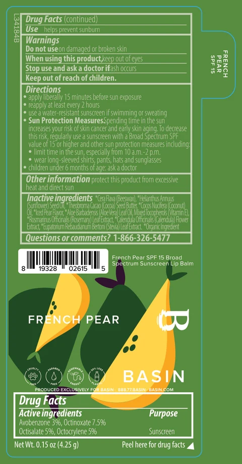 Basin French Pear SPF 15 Broad Spectrum Sunscreen Lip Balm 포장