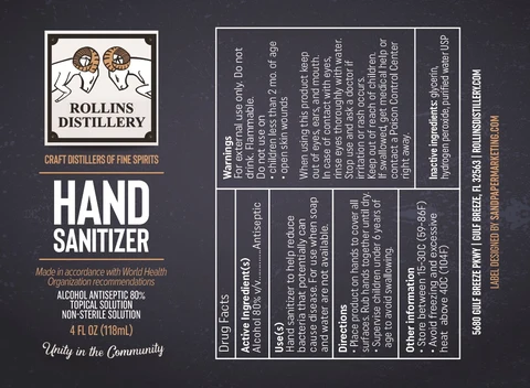 Rollins Distillery Hand Sanitizer packaging