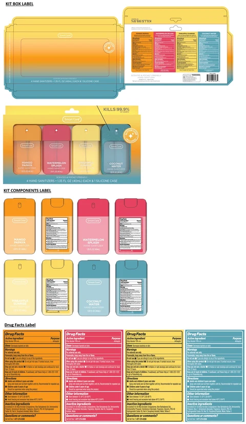Smart Care 4 HAND SANITIZERS 1.35 FL OZ (MANGO PAPAYA, WATERMELON SPLASH, PINEAPPLE SUNRISE, COCONUT WATER) 포장