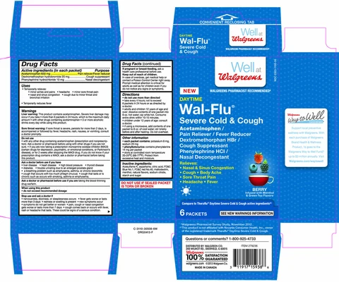 Walgreens Daytime Wal-Flu Severe Cold and CoughBerry infused with Menthol and Green Tea flavors packaging