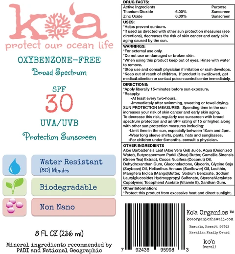 koa protect our ocean life OXYBENZONE FREE Broad Spectrum SPF 30 UVA UVB Protection Sunscreen 포장