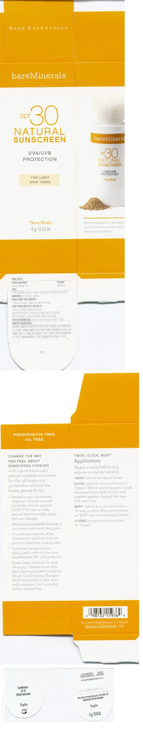 bareMineralsNatural Sunscreen Light packaging