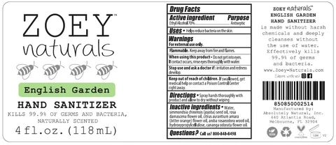 ZOEY naturals English Garden HAND SANITIZER 포장