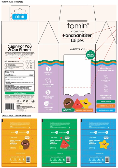fomin mini Hand Sanitizer Wipes - 6 - VARIETY PACK packaging