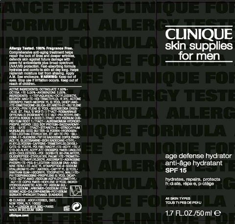 CLINIQUE SKIN SUPPLIES FOR MEN AGE DEFENSE HYDRATORSPF 15 packaging