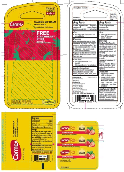 Carmex Classic Lip Balm Medicated Free Strawberry Stick Sunscreen SPF 15 포장