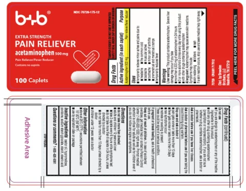 b+b NDC 70729-175-12 EXTRA STRENGTH PAIN RELIEVER acetaminophen 500 mg Pain Reliever/Fever Reducer 100 Caplets