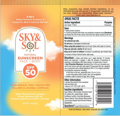 Sky and Sol Face and Body Sunscreen Spf 50 packaging