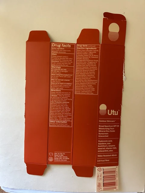 Utu Broad Spectrum SPF 30 Moisturizing Face Mineral Zinc Oxide SunscreenUnscented 포장