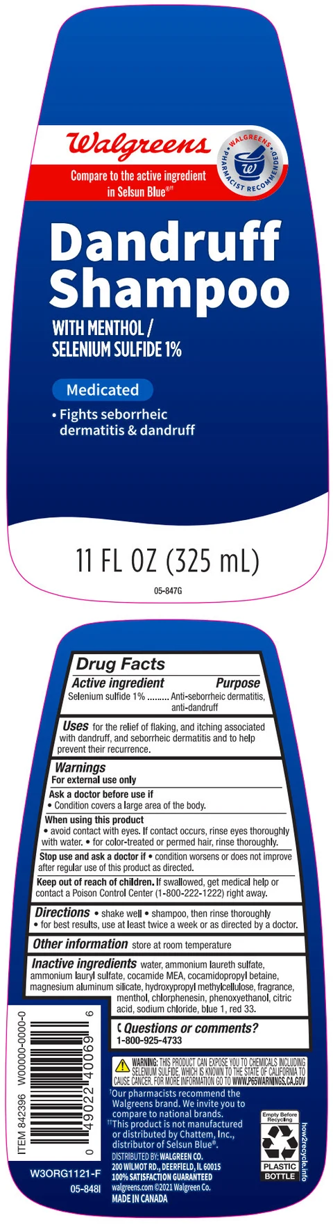 Walgreens Dandruff With Menthol/Selenium SulfideAnti-dandruff, anti-seborrheic dermatitis, anti-psoriasis packaging