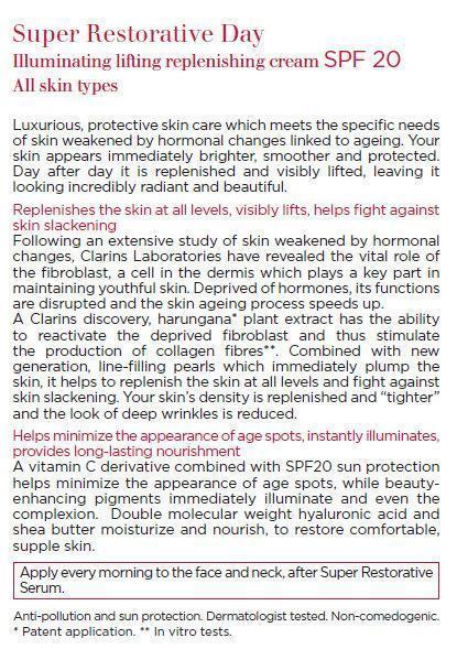 CLARINS Super Restorative Day Illuminating lifting replenishing BROAD SPECTRUM - SPF 20 - Sunscreen 포장