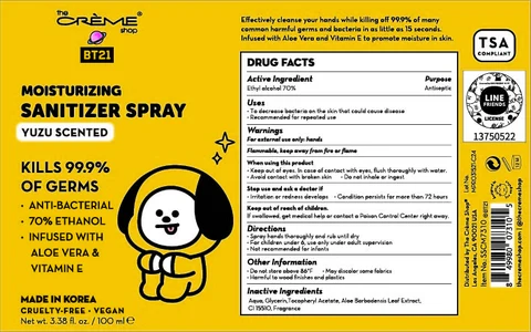 The creme shop BT21 MOISTURIZING SANITIZERSpray YUZU SCENTED packaging