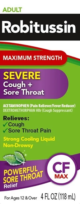 Robitussin Maximum Strength Severe Cough Plus Sore Throat packaging