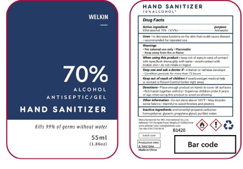WELKIN 70% Alcohol ANTISEPTIC packaging