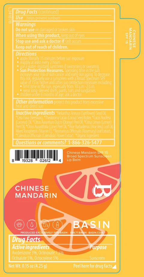 Basin Chinese Mandarin SPF 15 Broad Spectrum Sunscreen Lip Balm 포장