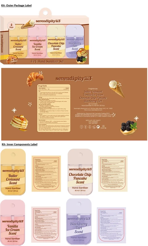 serendipity3 4 PC Hand Sanitizer Set - Butter Croissant, Vanilla Ice Cream, Chocolate Chip Pancake and Blackberry Tart Scent 포장