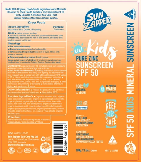Sun Zapper - Kids pure zinc sunscreen SPF50 포장
