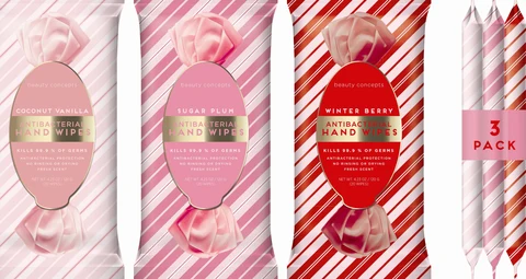 beauty concepts ANTIBACTERIAL HAND WIPES COCONUT VANILLA SUGAR PLUM WINTER BERRY 3 PACK 포장