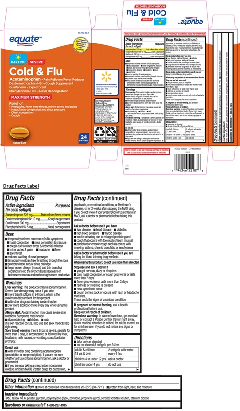 equate MAXIMUM STRENGTH DAYTIME SEVERE Cold and Flu SOFTGELS packaging