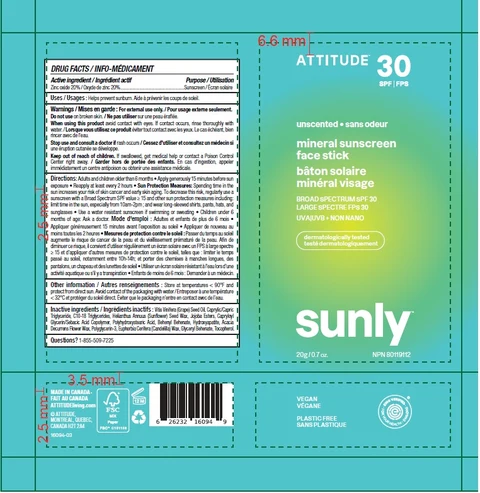 ATTITUDE Sunly Mineral Sunscreen Face Stick Unscented SPF 30 포장