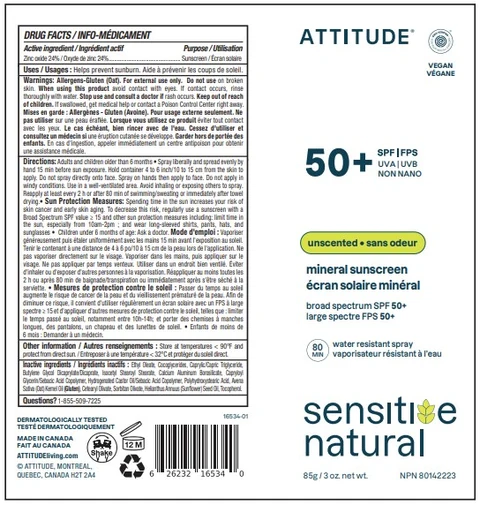 ATTITUDE Sensitive natural Mineral sunscreen Sprayer SPF 50 Unscented 포장