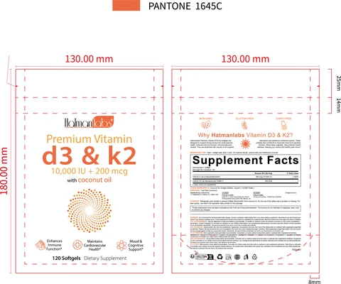 Hatmanlabs Vitamin D3 K2 with Coconut Oil 120 Softgels packaging
