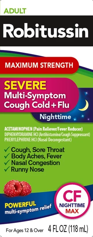 Robitussin Severe Multi-Symptom Cough Cold Flu Nighttime packaging