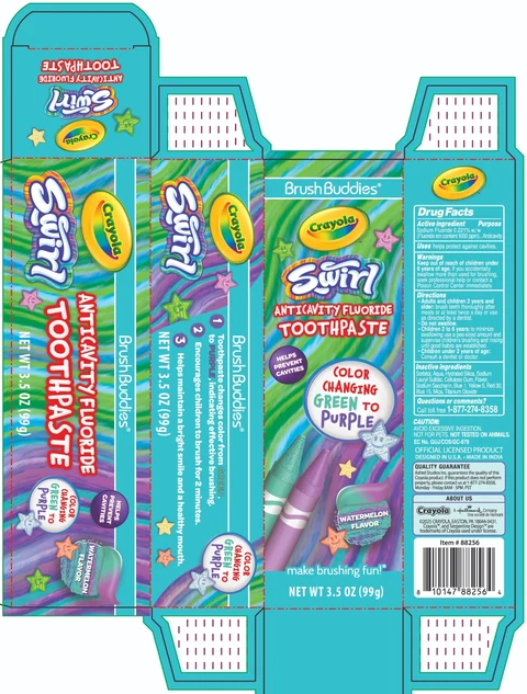 Brush Buddies Crayola Swirl ANTICAVITY FLUORIDE WATERMELON FLAVOR packaging