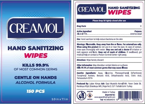 CREAMOL HAND SANITIZING WIPES 150 pcs packaging