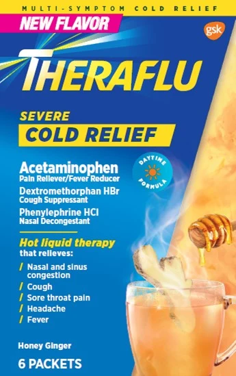 Theraflu Severe Cold Relief Daytime with Honey Ginger Flavor packaging