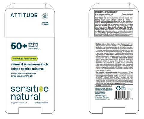 ATTITUDE Sensitive natural Mineral Sunscreen Stick SPF 50 Unscented 포장