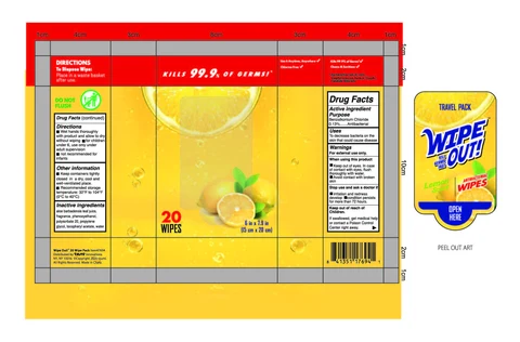 WIPE OUT Antibacterial Wipes Travel Pack Lemon Scent packaging