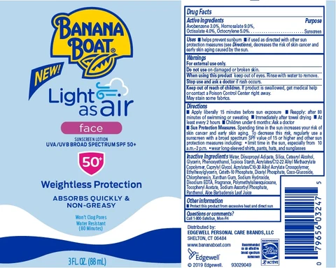 Banana Boat Light as air face SUNSCREEN UVA UVB Broad Spectrum SPF 50 포장