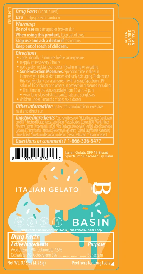 Basin Italian Gelato SPF 15 Broad Spectrum Sunscreen Lip Balm 포장