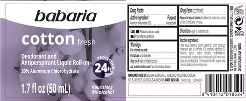 Babaria Cotton Fresh Deodorant and Antiperspirant Liquid Roll-On 포장