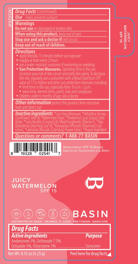 Basin Juicy Watermelon SPF 15 Broad Spectrum Sunscreen Lip Balm 포장