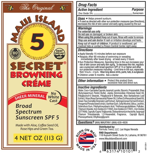 MAUI ISLAND SECRET BROWNING CREME Broad Spectrum Sunscreen SPF 5 packaging