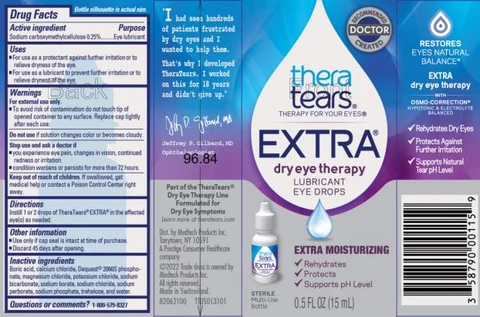 RECOMMENDED DOCTOR CREATED thera tears® THERAPY FOR YOUR EYES® EXTRA® dry eye therapy LUBRICANT EYE DROPS EXTRA MOISTURIZING √ Rehydrates √ Protects √ Supports pH Level STERILE Multi-Use Bottle 0.5 FL OZ (15 mL)