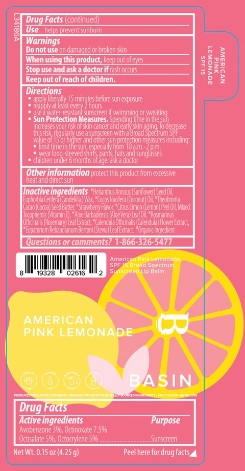 Basin American Pink Lemonade SPF 15 Broad Spectrum Sunscreen Lip Balm 포장