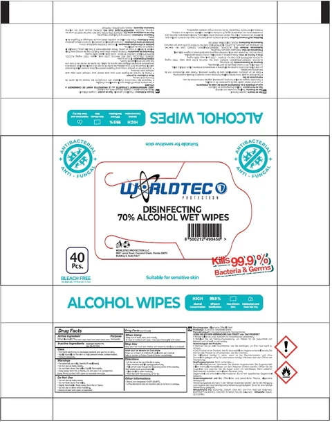 WORLDTEC DISINFECTING 70% ALCOHOL WET WIPES packaging