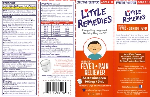 Little Remedies® CHILDREN’S FEVER + PAIN RELIEVER Acetaminophen NATURAL GRAPE FLAVOR 4 FL OZ (118 mL)