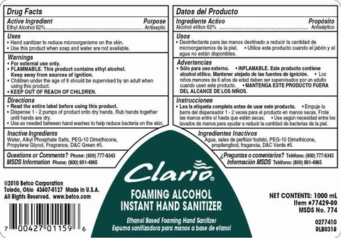 Clario Foaming Alcohol Instant Hand Sanitizer packaging