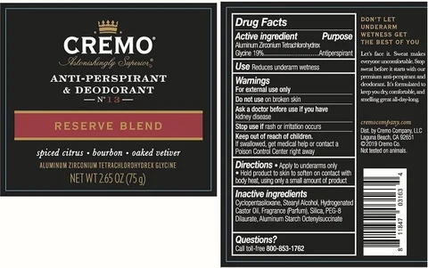 Cremo Anti-Perspirant DeodorantReserve Blend 포장