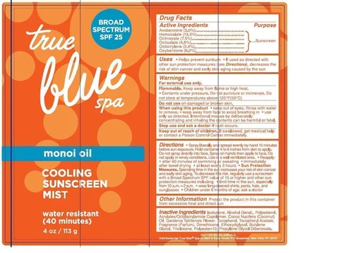 True Blue Spa Cooling Sunscreen Mist Broad Spectrum SPF 25 Water Resistant (40 minutes) Monoi Oil 포장