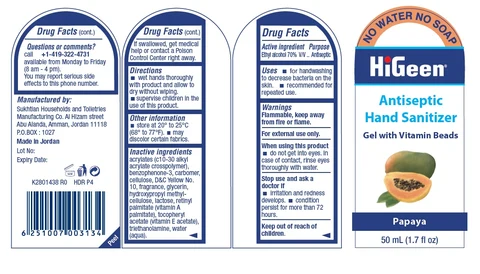 HiGeen Antiseptic Hand Sanitizer Gel With Vitamin Beads Papaya with Silicon Holder 포장