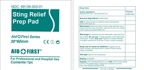 aid and first sting relief prep pad packaging