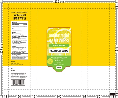 BODY PRESCRIPTIONS Antibacterial Hand Wipes LEMON VERBENA 포장
