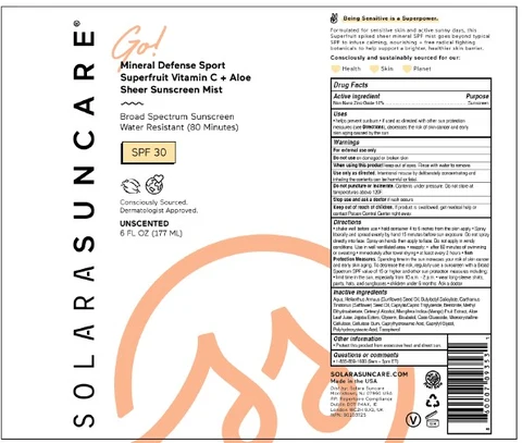 SOLARA SUNCARE - GO MINERAL DEFENSE SPORT SUPERFRUIT VITAMIN C PLUS ALOE SHEER SUNSCREEN MIST SPF-30 UNSCENTED 포장