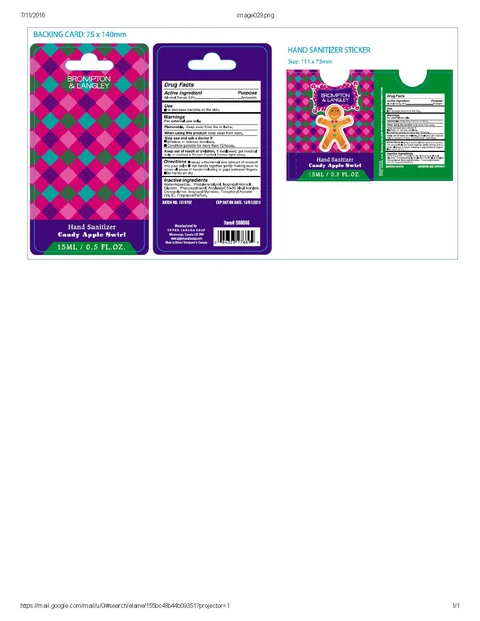 Brompton and Langley Moisturizing Candy and Apple Swirl scented Hand SanitizerCandy and Apple Swirl packaging